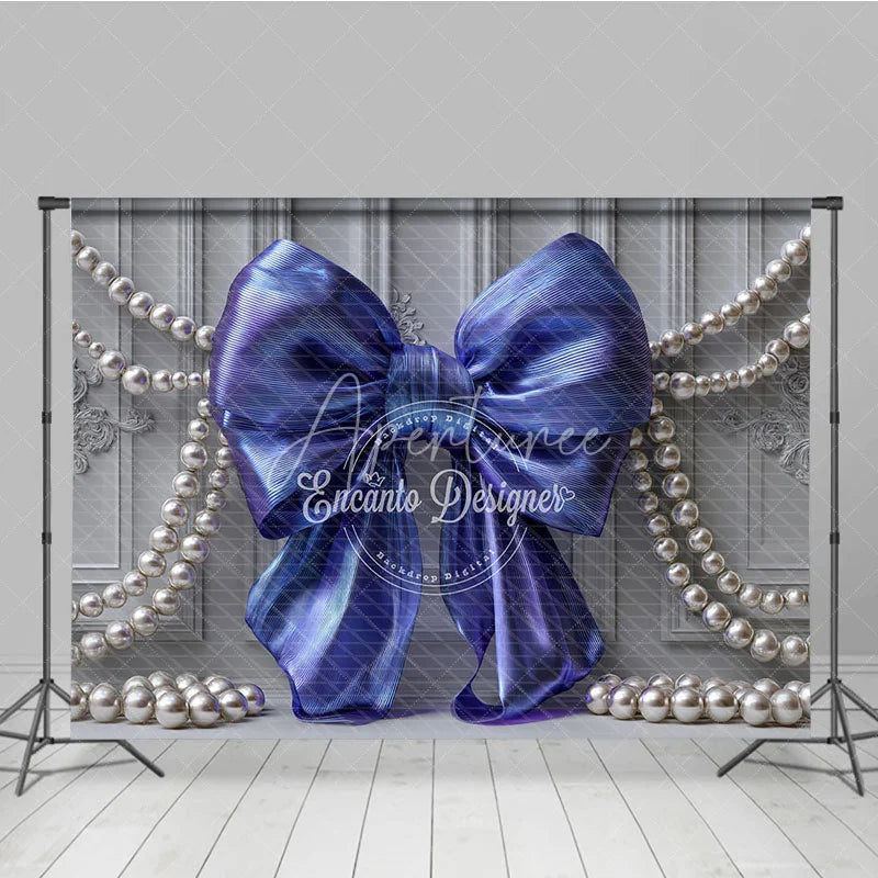 Aperturee - Aperturee Iridescent Blue Bow and Pearl Photography Backdrop Elegant Grey Paneled Wall Design for Studio