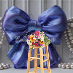 Aperturee - Aperturee Iridescent Blue Bow and Pearl Photography Backdrop Elegant Grey Paneled Wall Design for Studio