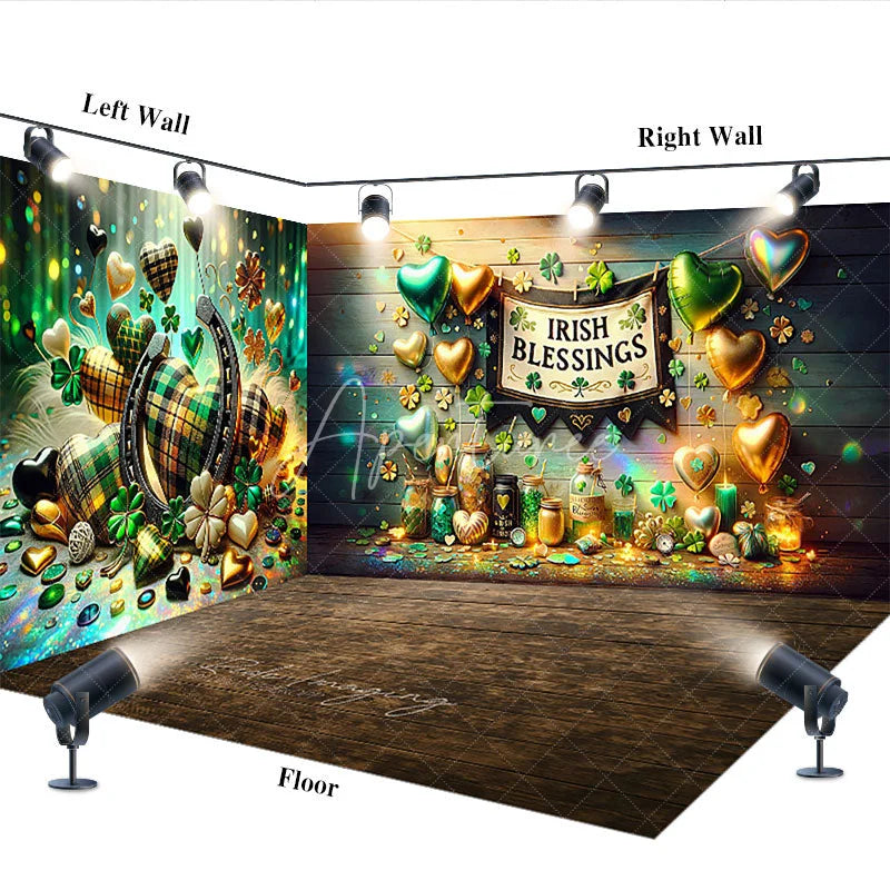 Aperturee - Aperturee Irish Blessings St. Patrick’s Day Room Set Backdrop Green Lucky Clover Horseshoe Party Decoration