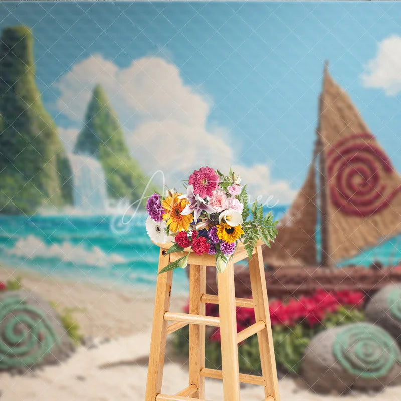 Aperturee - Aperturee Island Adventure Backdrop Tropical Beach Voyager Boat Banner Polynesian Luau Party Supplies Photo Booth Props