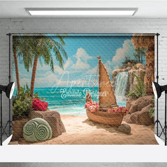Aperturee - Aperturee Island Beach Backdrop Tropical Voyager Boat Photo Background Ocean Palm Trees Waterfall Party Props for Summer Luau