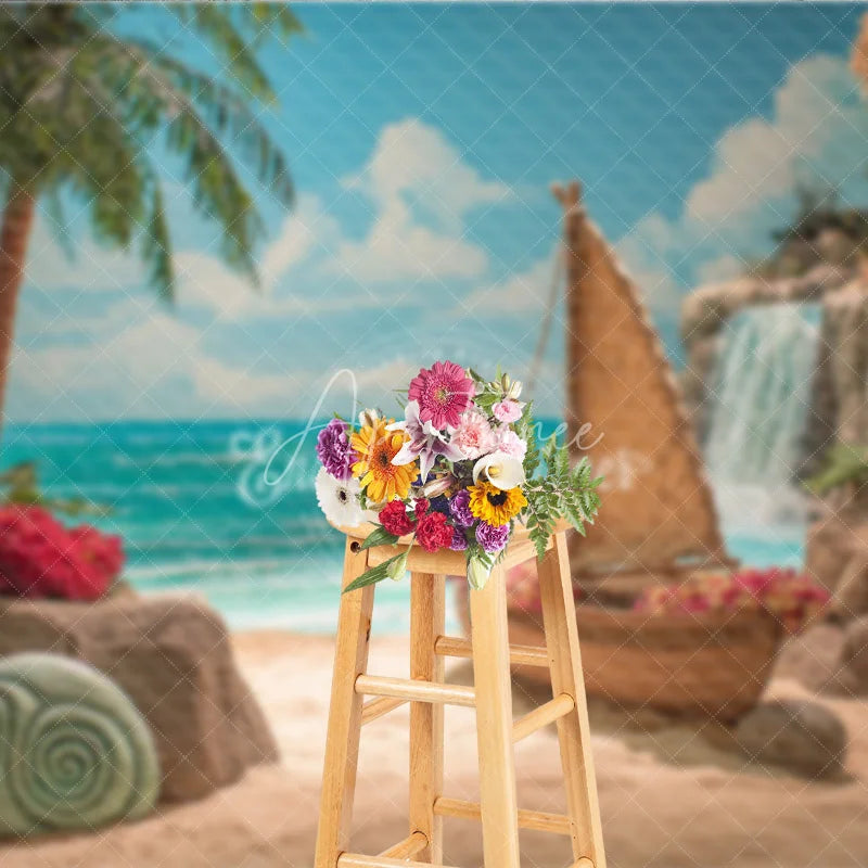 Aperturee - Aperturee Island Beach Backdrop Tropical Voyager Boat Photo Background Ocean Palm Trees Waterfall Party Props for Summer Luau