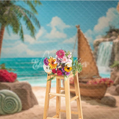 Aperturee - Aperturee Island Beach Backdrop Tropical Voyager Boat Photo Background Ocean Palm Trees Waterfall Party Props for Summer Luau