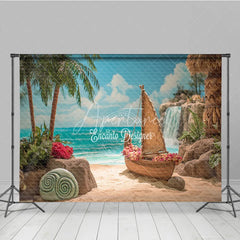 Aperturee - Aperturee Island Beach Backdrop Tropical Voyager Boat Photo Background Ocean Palm Trees Waterfall Party Props for Summer Luau
