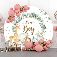 Aperturee - Aperturee It is a Boy Round Backdrop Safari Animals and Eucalyptus Leaves Baby Shower Party Decoration