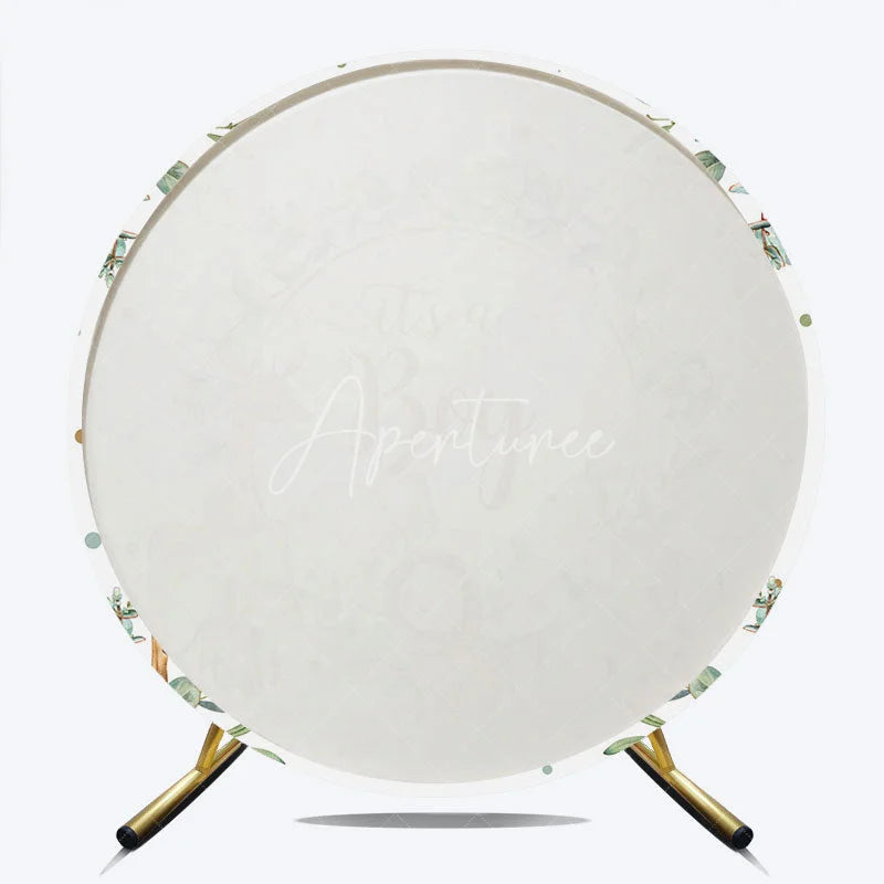 Aperturee - Aperturee It is a Boy Round Backdrop Safari Animals and Eucalyptus Leaves Baby Shower Party Decoration