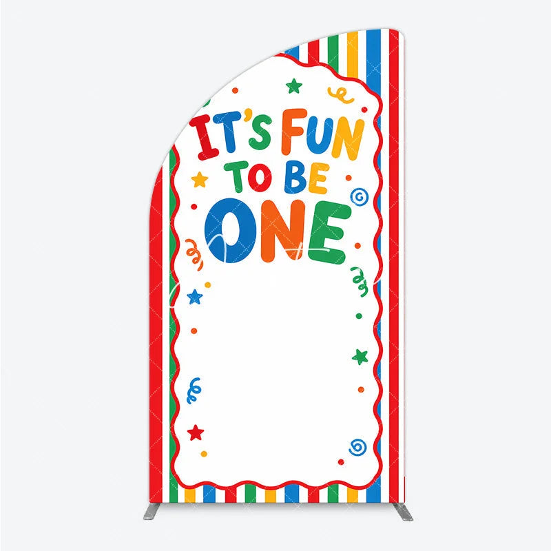 Aperturee - Aperturee It’s Fun to Be One Half Moon Arch Backdrop Colorful Striped First Birthday Party Decor