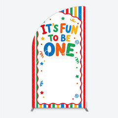 Aperturee - Aperturee It’s Fun to Be One Half Moon Arch Backdrop Colorful Striped First Birthday Party Decor
