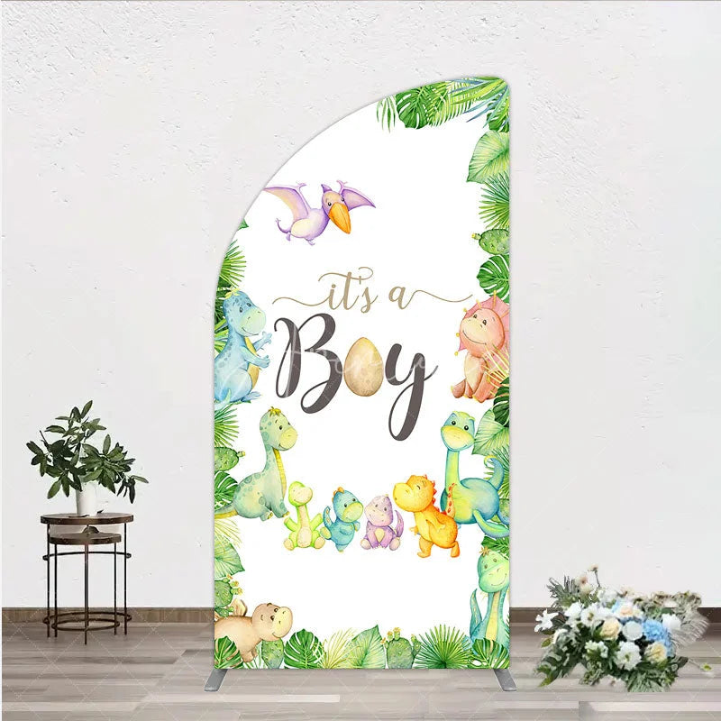 Aperturee - Aperturee It’s a Boy Dinosaur Half Moon Arch Backdrop for Baby Shower Watercolor Jungle Animals Theme Tropical Dino Party Decor