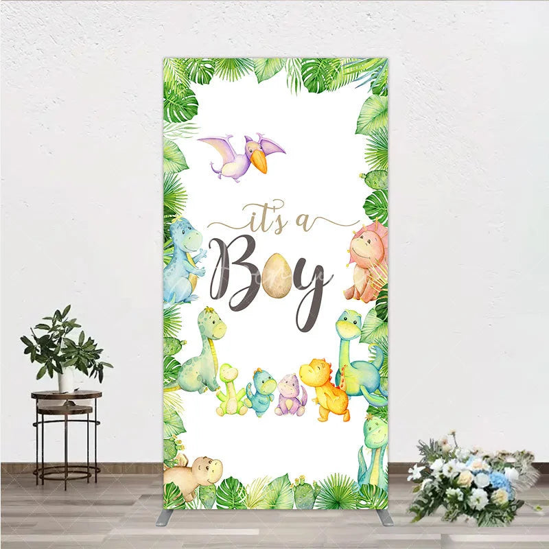 Aperturee - Aperturee It’s a Boy Dinosaur Rectangle Backdrop for Baby Shower Watercolor Jungle Animals Theme Tropical Dino Party Decor