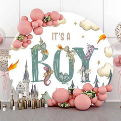 Aperturee - Aperturee Its a Boy Dragon Kingdom Round Backdrop Watercolor Fairytale Castle and Clouds Baby Background