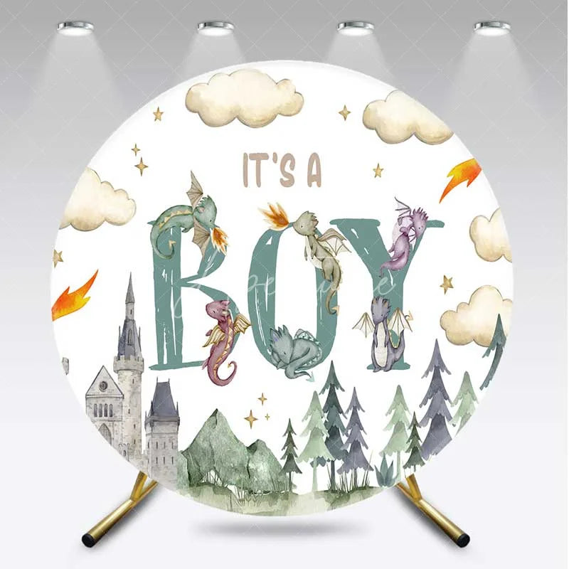 Aperturee - Aperturee Its a Boy Dragon Kingdom Round Backdrop Watercolor Fairytale Castle and Clouds Baby Background