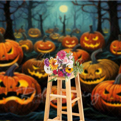 Aperturee Aperturee Jack O’ Lantern Forest Photography Backdrop Spooky Carved Pumpkins in the Woods Dark Halloween Night Photo Prop