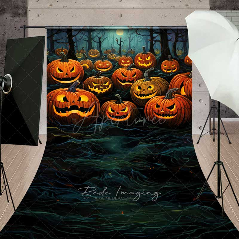 Aperturee Aperturee Jack O’ Lantern Forest Sweep Photography Backdrop with Floor Spooky Carved Pumpkins Dark Halloween Night Photo Prop