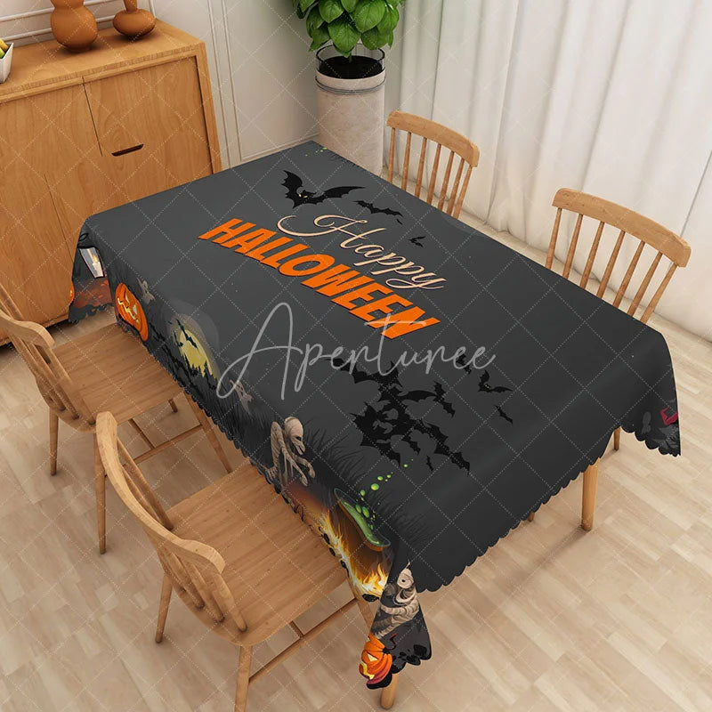 Aperturee - Aperturee Jack O’ Lantern Happy Halloween Rectangle Tablecloth for Spooky and Festive Holiday Party Decorations