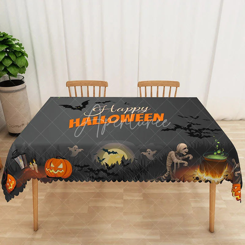 Aperturee - Aperturee Jack O’ Lantern Happy Halloween Rectangle Tablecloth for Spooky and Festive Holiday Party Decorations