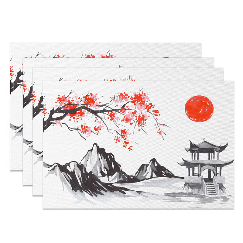 Aperturee - Aperturee Japanese Ink Painting Placemats Set of 4 with Red Sun and Mountain for Zen and Asian Inspired Decor