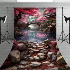 Aperturee - Aperturee Japanese Spring Cherry Blossom Waterfall Backdrop Wooden Bridge Rocky River Landscape Photography Background