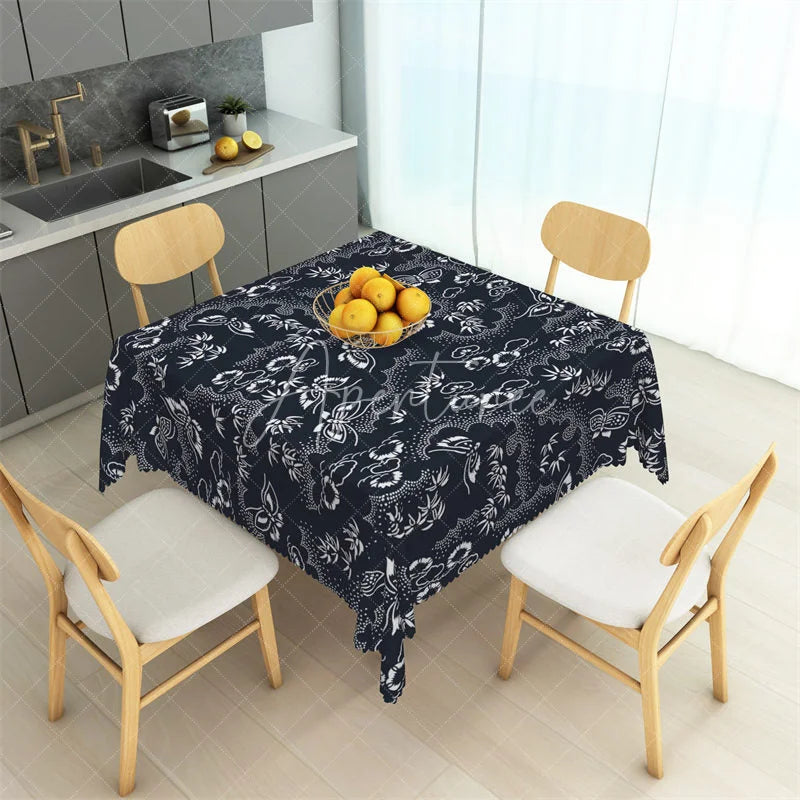 Aperturee - Aperturee Japanese Style White Butterfly and Bamboo Rectangle Tablecloth Navy Blue Oriental Pattern Table Cover