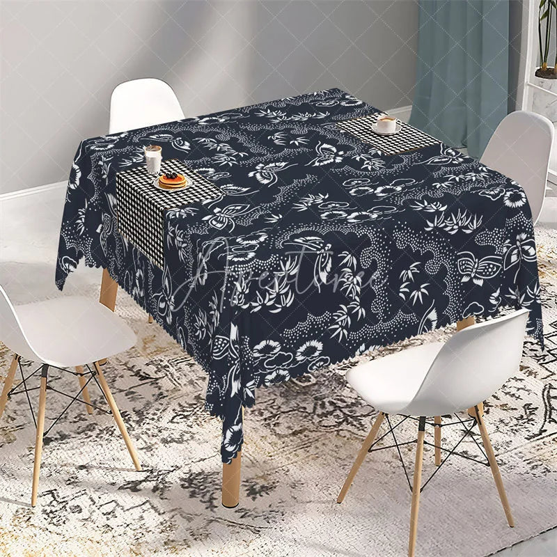 Aperturee - Aperturee Japanese Style White Butterfly and Bamboo Rectangle Tablecloth Navy Blue Oriental Pattern Table Cover