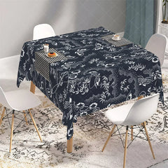 Aperturee - Aperturee Japanese Style White Butterfly and Bamboo Rectangle Tablecloth Navy Blue Oriental Pattern Table Cover