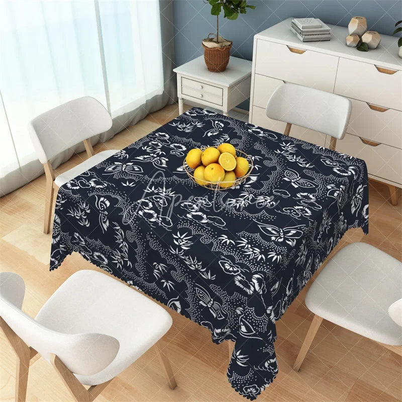 Aperturee - Aperturee Japanese Style White Butterfly and Bamboo Rectangle Tablecloth Navy Blue Oriental Pattern Table Cover