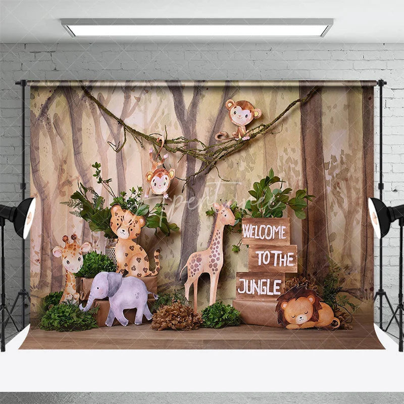 Aperturee - Aperturee Jungle Safari Animals Combo Set Backdrop Watercolor Monkey Giraffe Lion Baby Shower Birthday Party Decoration