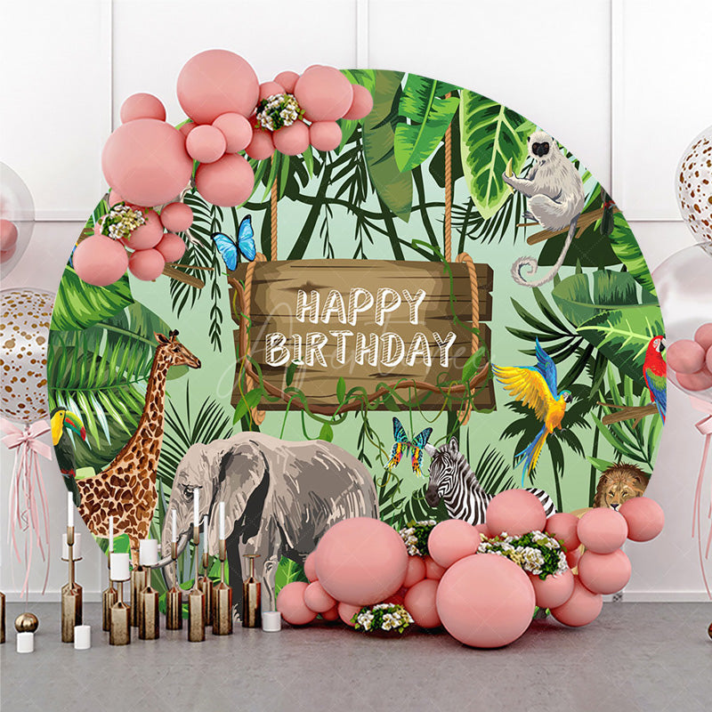 Aperturee - Aperturee Jungle Safari Happy Birthday Round Backdrop Wild Animals with Tropical Leaves Zoo Themed Party Photo Prop