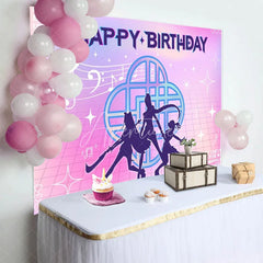Aperturee - Aperturee K-Pop Girl Group Themed Happy Birthday Backdrop 80s Retro Grid with Music Notes Dance Party Photo Booth Decor