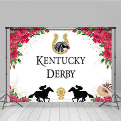 Aperturee - Aperturee Kentucky Derby Horse Racing Backdrop Floral Red Roses and Jockey Silhouette Party Background