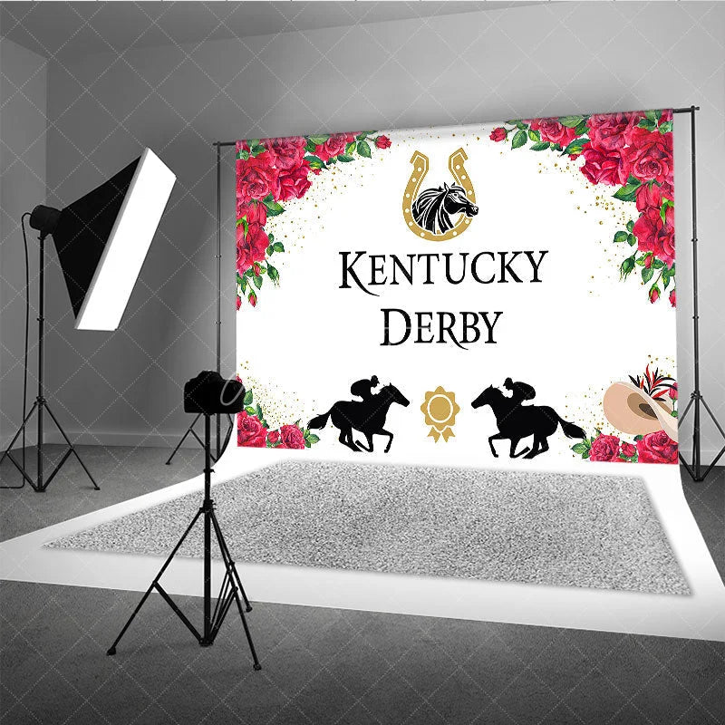 Aperturee - Aperturee Kentucky Derby Horse Racing Backdrop Floral Red Roses and Jockey Silhouette Party Background
