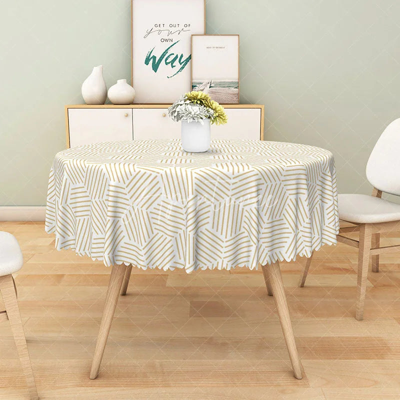 Aperturee - Aperturee Khaki and Brown Geometric Stripe Round Tablecloth for Modern Neutral and Earth Tone Dining Room Decor