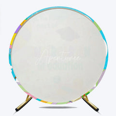 Aperturee - Aperturee Kindergarten Graduation Round Backdrop featuring Hot Air Balloons Books and Blocks for Future Adventures Party.