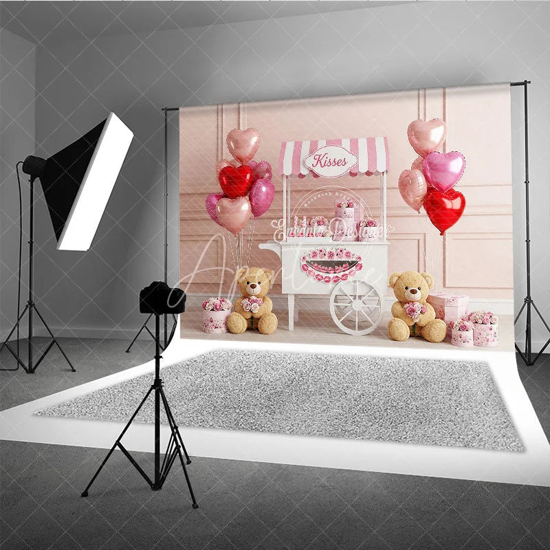 Aperturee - Aperturee Kisses Booth Valentine Day Backdrop Teddy Bear Heart Balloons Pink Cart Background Sweet Photography Decor