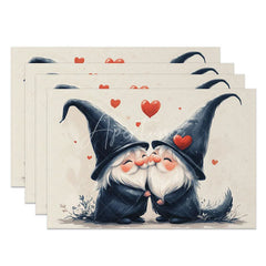 Aperturee - Aperturee Kissing Gnome Couple Set of 4 Placemats Floating Hearts Valentine Decoration Tall Hat Love Table Mat