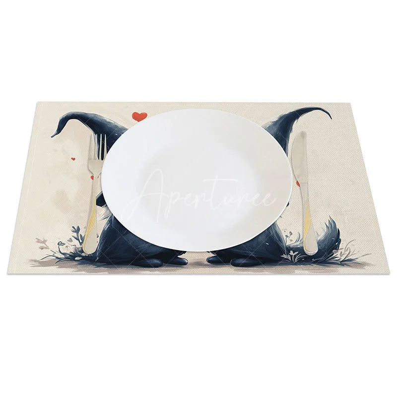Aperturee - Aperturee Kissing Gnome Couple Set of 4 Placemats Floating Hearts Valentine Decoration Tall Hat Love Table Mat
