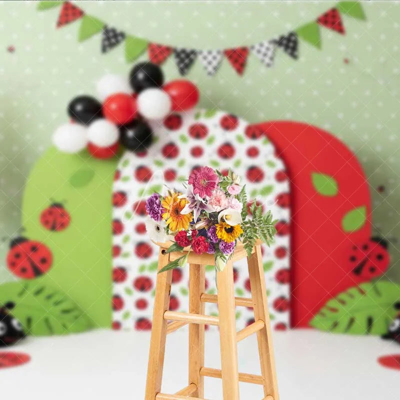 Aperturee - Aperturee Ladybug Theme Photography Backdrop Red and Green Polka Dot Birthday Party Background
