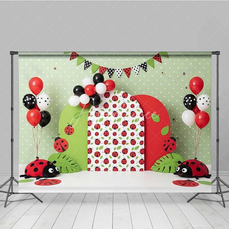 Aperturee - Aperturee Ladybug Theme Photography Backdrop Red and Green Polka Dot Birthday Party Background