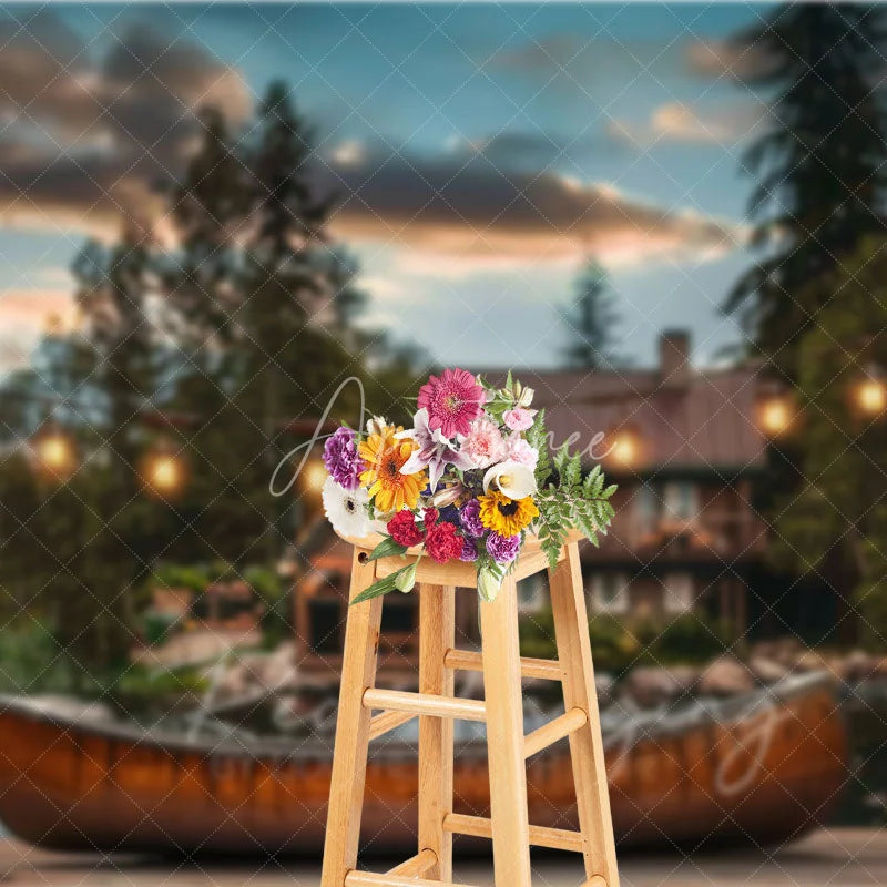Aperturee - Aperturee Lake Cabin Sunset Backdrop Wooden Canoe and Glowing String Lights Photography Background for Summer Camp