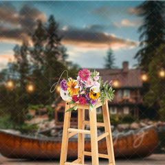 Aperturee - Aperturee Lake Cabin Sunset Backdrop Wooden Canoe and Glowing String Lights Photography Background for Summer Camp