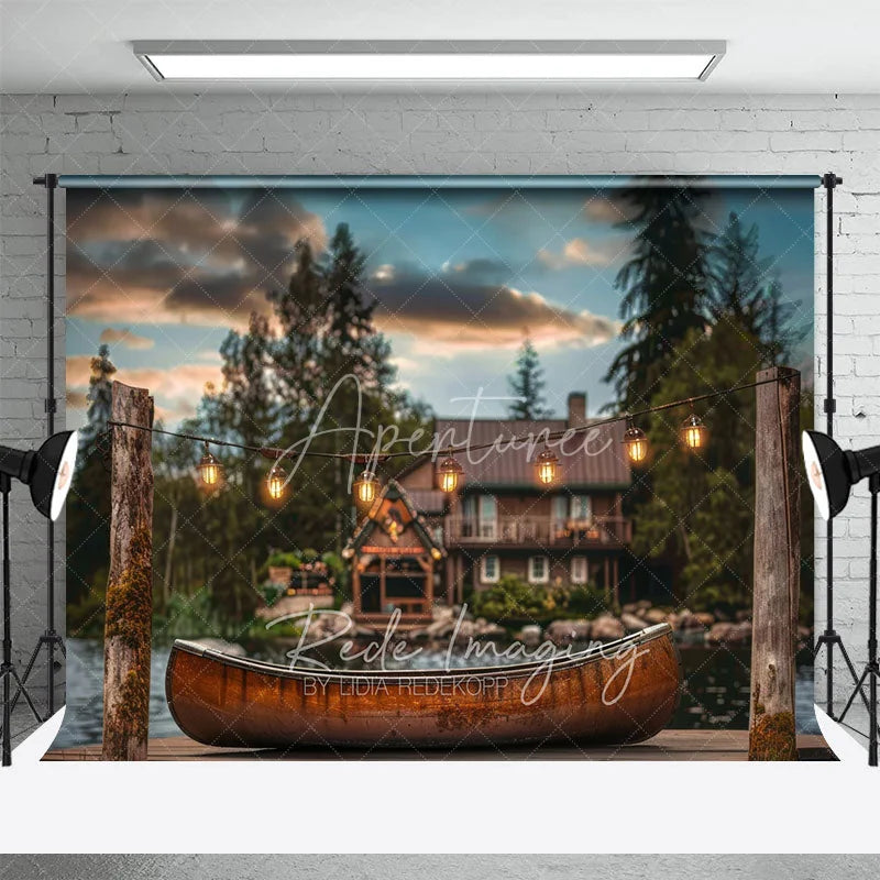 Aperturee - Aperturee Lake Cabin Sunset Backdrop Wooden Canoe and Glowing String Lights Photography Background for Summer Camp