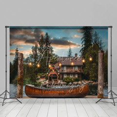 Aperturee - Aperturee Lake Cabin Sunset Backdrop Wooden Canoe and Glowing String Lights Photography Background for Summer Camp