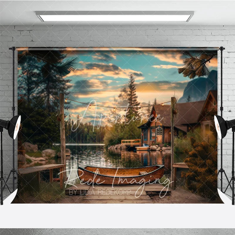 Aperturee - Aperturee Lake Sunset Wooden Canoe Photography Backdrop Rustic Cabin and String Lights Studio Background