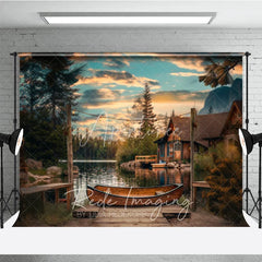 Aperturee - Aperturee Lake Sunset Wooden Canoe Photography Backdrop Rustic Cabin and String Lights Studio Background