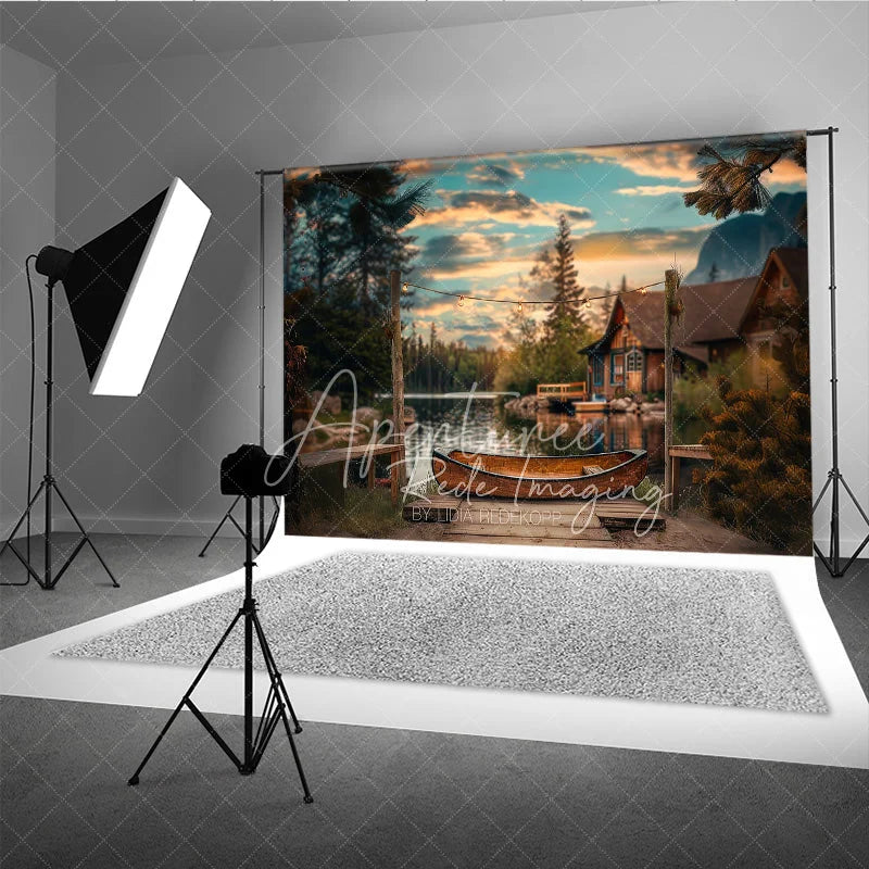 Aperturee - Aperturee Lake Sunset Wooden Canoe Photography Backdrop Rustic Cabin and String Lights Studio Background