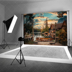 Aperturee - Aperturee Lake Sunset Wooden Canoe Photography Backdrop Rustic Cabin and String Lights Studio Background