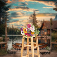 Aperturee - Aperturee Lake Sunset Wooden Canoe Photography Backdrop Rustic Cabin and String Lights Studio Background