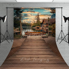 Aperturee - Aperturee Lake Sunset Wooden Canoe Photography Backdrop Rustic Cabin and String Lights Sweep Studio Background
