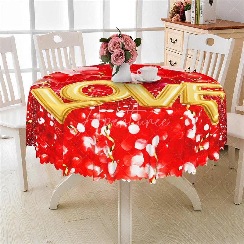 Aperturee - Aperturee Large Gold Love Round Tablecloth Red Bokeh Light Valentine Table Cover for Wedding