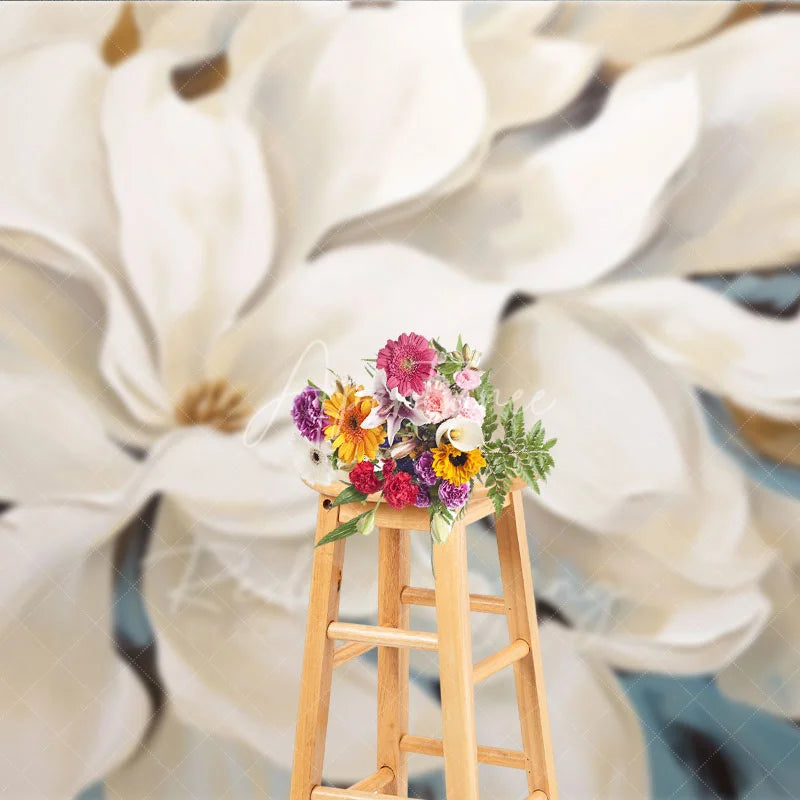 Aperturee - Aperturee Large White Magnolia Floral Backdrop Elegant Cream Flower Art Background Wedding Photography Decoration